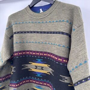 Vintage 90s Made in Italy Knit Sweater Green Multi Wool Blend South Western Sm